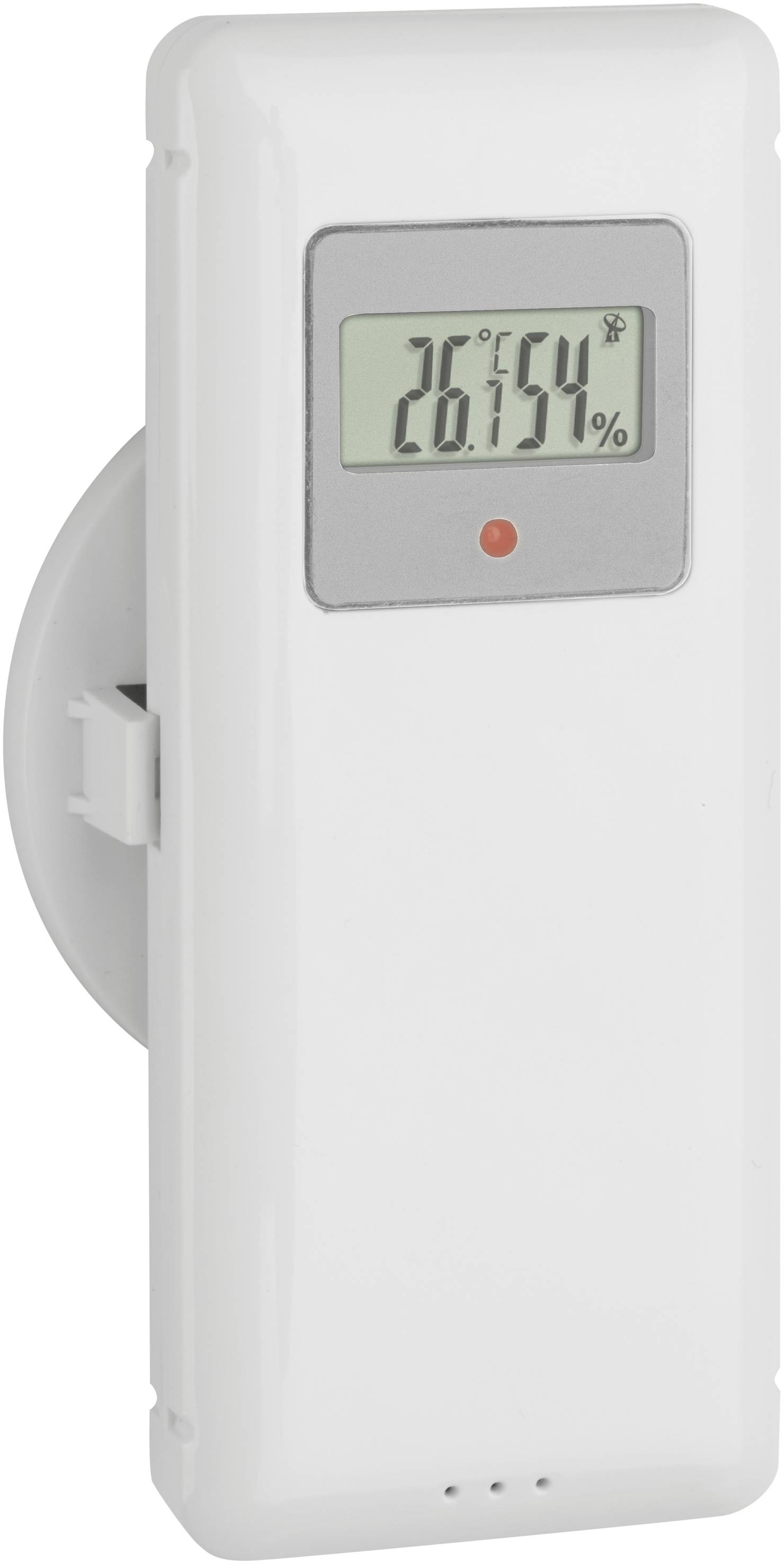 Ein digitales Thermo-Hygrometer zeigt '26°C' und '54%' an. Es hat ein rechteckiges Display und ein kleines rotes Licht darunter.