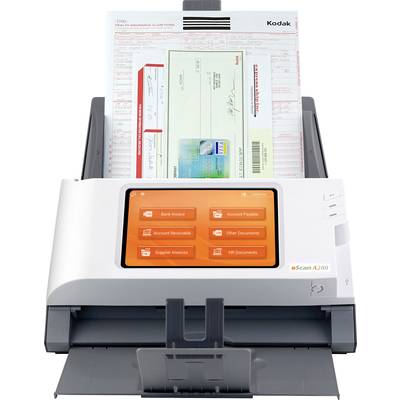 Ein Dokumentenscanner mit mehreren eingelegten Dokumenten, darunter ein Formular, ein Scheck und eine Karte. Bildschirm zeigt Scan-Optionen.