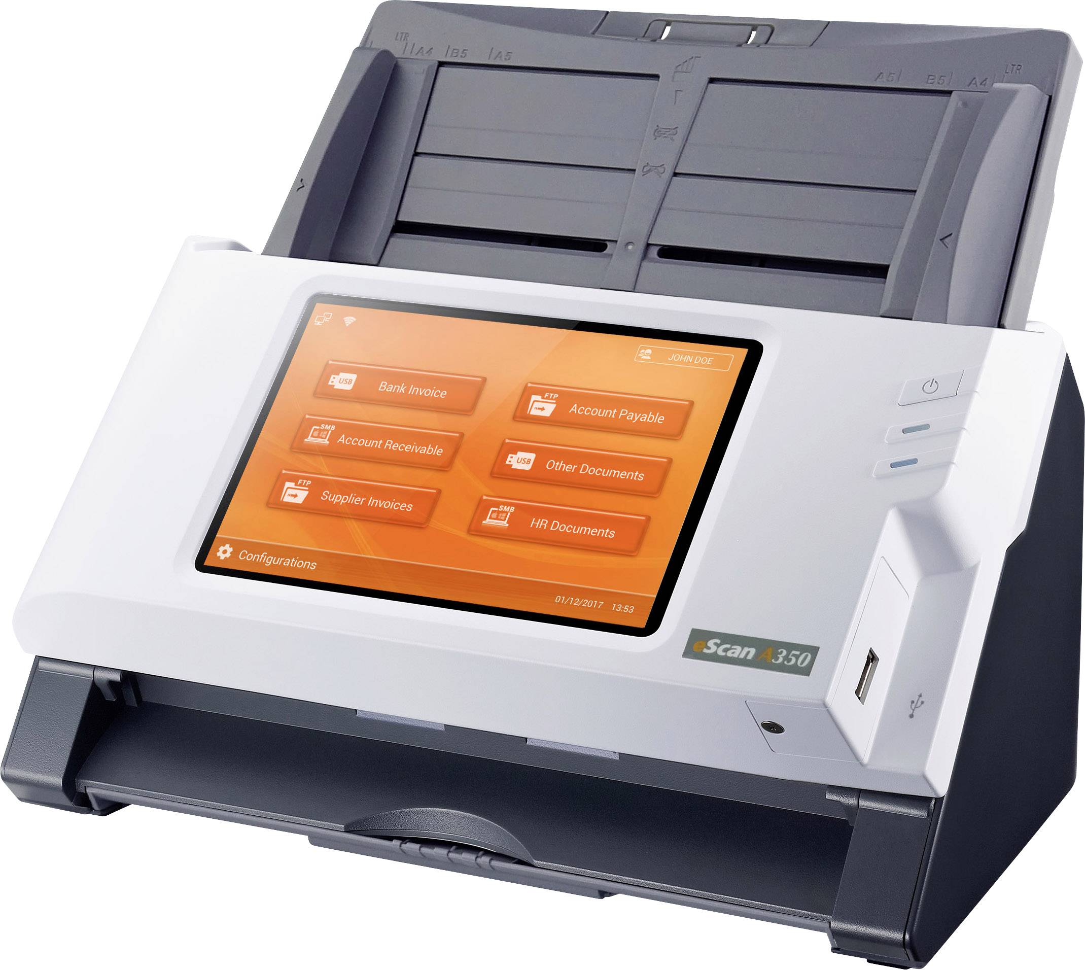 Ein Scanner mit einem digitalen Display zeigt Optionen wie 'Rechnung', 'Forderung', und 'HR-Dokumente'.