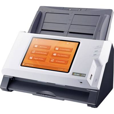 Ein Scanner mit einem digitalen Display zeigt Optionen wie 'Rechnung', 'Forderung', und 'HR-Dokumente'.