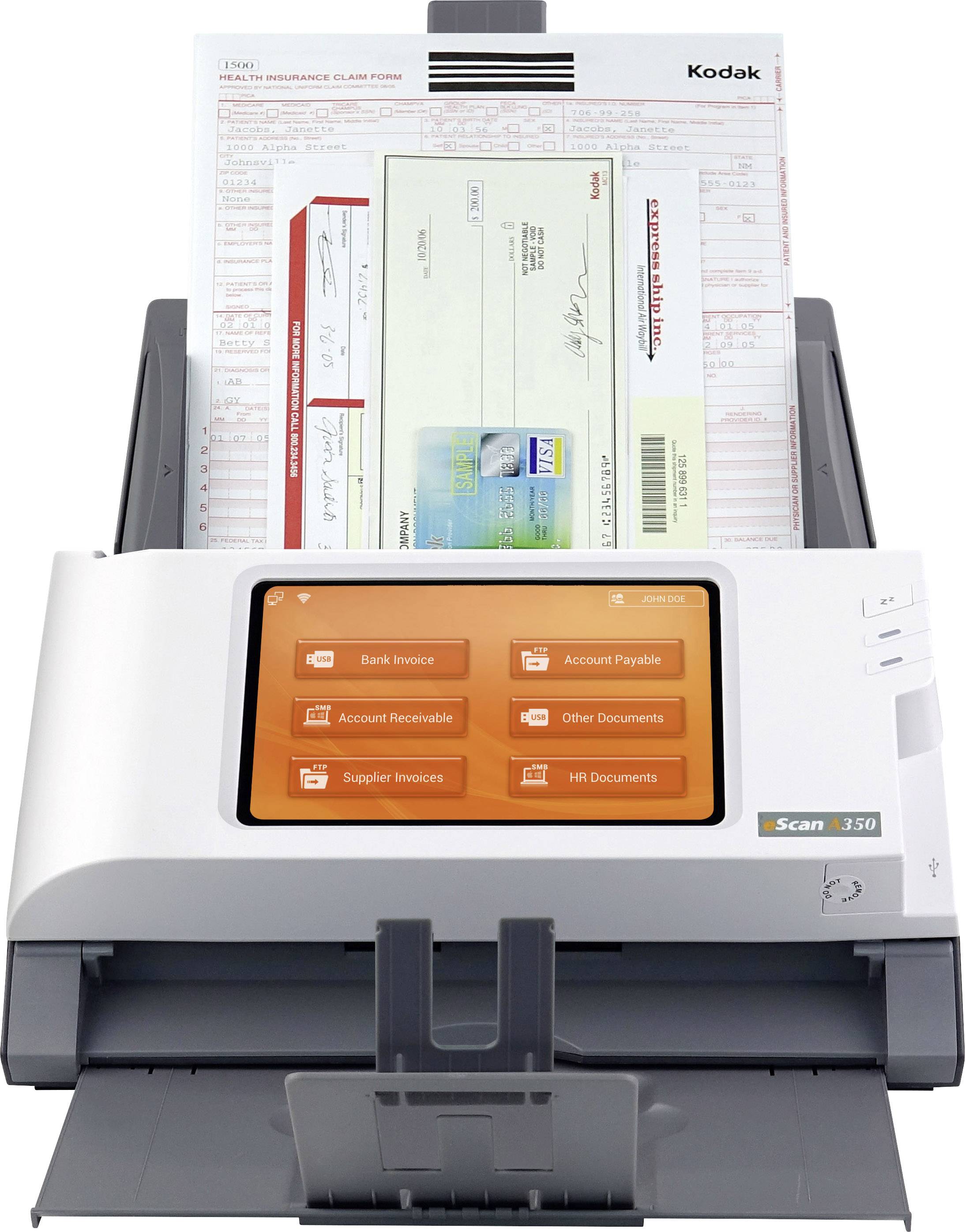 Scanner mit mehreren Dokumenten im Eingabefach. Ein Formular, ein Scheck und eine Quittung sichtbar. Display zeigt Dokumentoptionen.