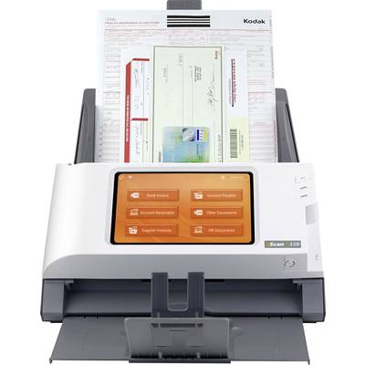 Scanner mit mehreren Dokumenten im Eingabefach. Ein Formular, ein Scheck und eine Quittung sichtbar. Display zeigt Dokumentoptionen.
