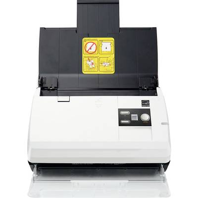 Ein Dokumentenscanner mit geöffnetem Einzug, bereit zum Einlegen von Papier. Oben Aufkleber mit Anweisungen zur richtigen Nutzung.