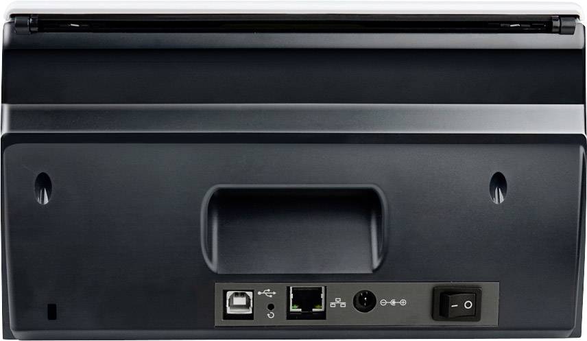 Rückseite eines Druckers mit USB-Anschluss, Ethernet-Port, Netzanschluss und Ein/Aus-Schalter.