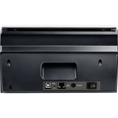 Rückseite eines Druckers mit USB-Anschluss, Ethernet-Port, Netzanschluss und Ein/Aus-Schalter.