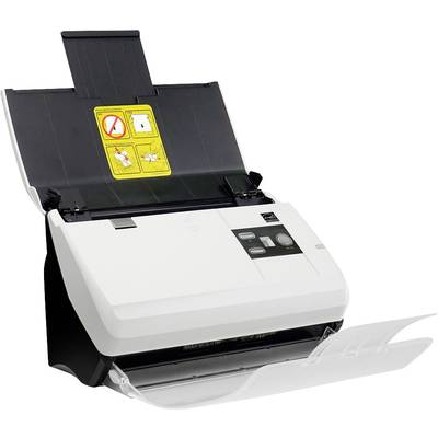 Ein Dokumentenscanner mit geöffnetem Einzug, bereit zum Scannen. Aufkleber zeigen Vorsichtshinweise für die richtige Bedienung des Geräts.