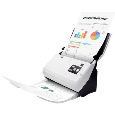 Ein Scanner scannt ein Dokument mit farbigen Diagrammen und einem Text mit der Überschrift 'Application for Employment'.