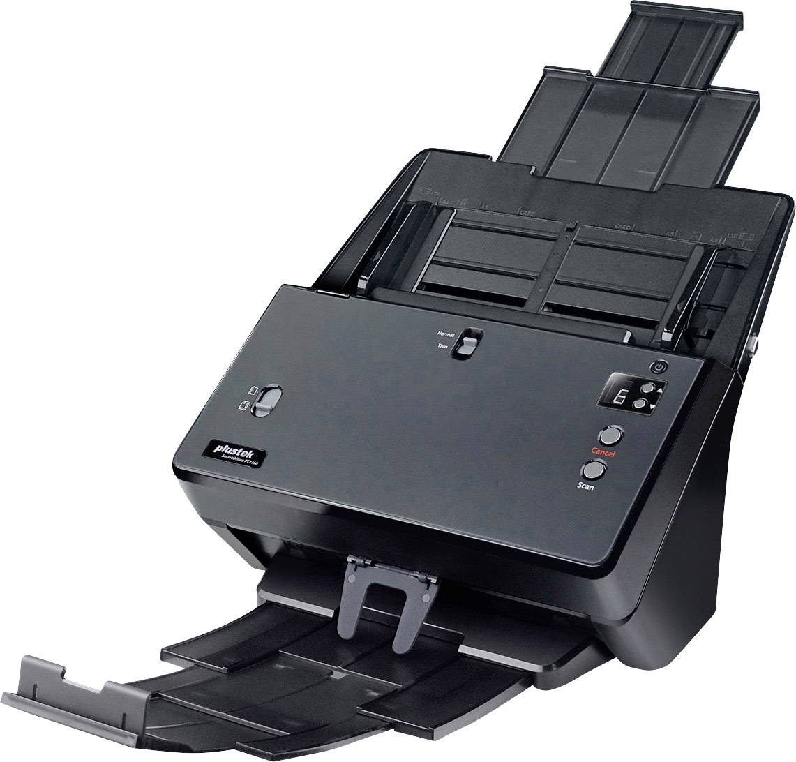 Ein schwarzer Scanner mit geöffneten Papierfächern, bereit zum Scannen von Dokumenten. Steuerknöpfe und Anzeige auf der Vorderseite.