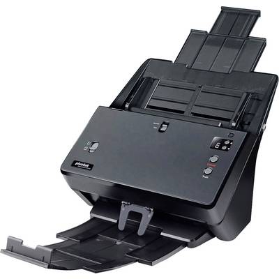 Ein schwarzer Scanner mit geöffneten Papierfächern, bereit zum Scannen von Dokumenten. Steuerknöpfe und Anzeige auf der Vorderseite.