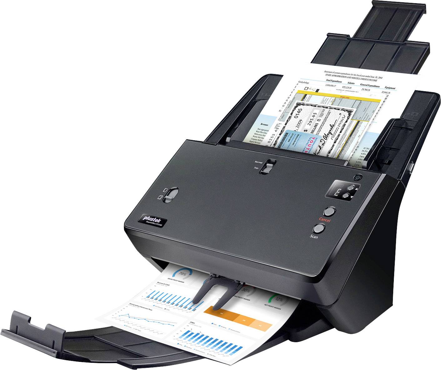 Ein Dokumentenscanner scannt mehrere Blätter mit Farbgrafiken und Textdokumenten. Das Gerät ist schwarz und hat Papierzuführungen oben.