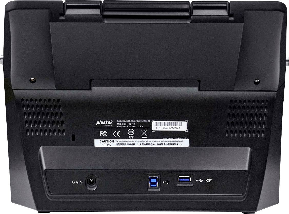 Rückseite eines elektronischen Geräts mit Anschlüssen für Strom, USB 3.0 und USB 2.0, sowie Lüftungsschlitze und Herstellerhinweise.