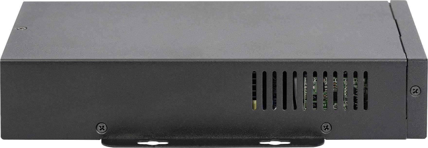 Schwarze, rechteckige elektronische Box mit Lüftungsschlitzen und Schraubverbindungen an der Seite.