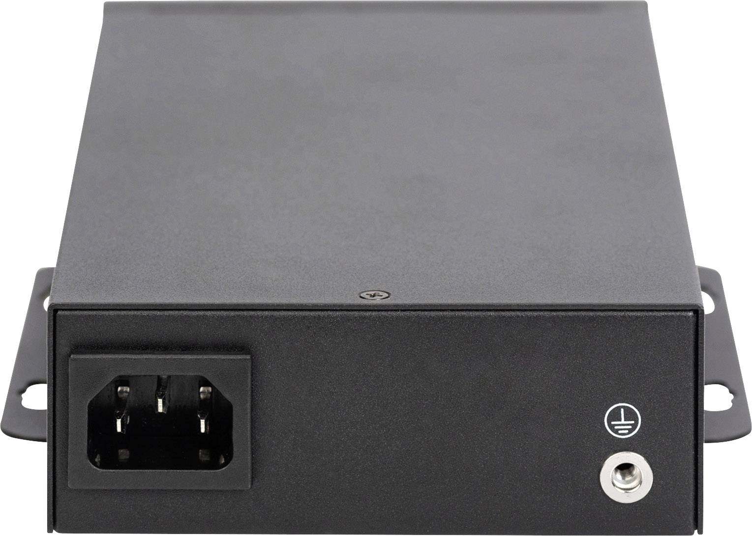 Ein schwarzes elektronisches Gerät mit einem Stromanschluss links und einer Erdungsschraube rechts, auf einer ebenen Fläche liegend.