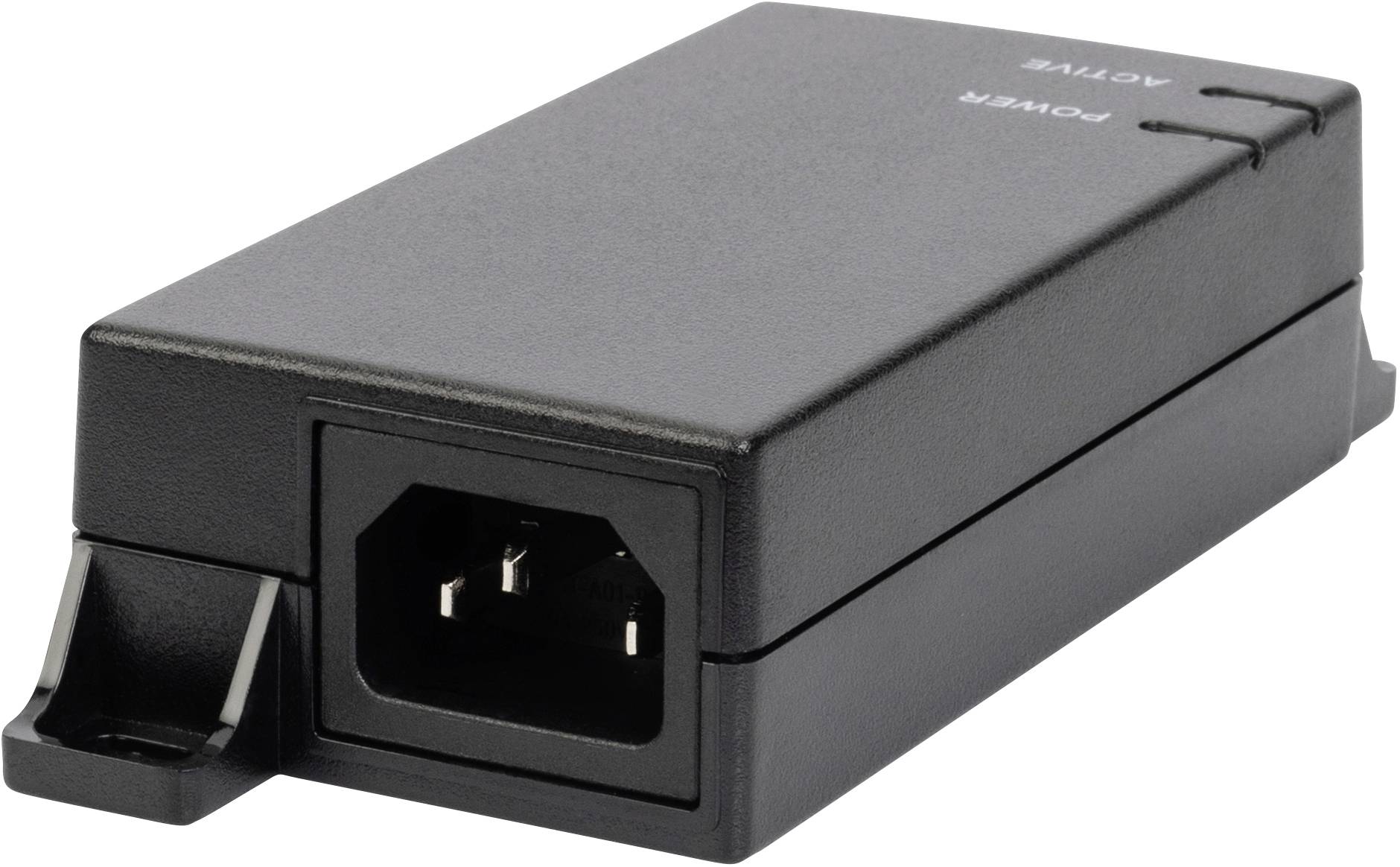 Schwarzes Netzteil mit Anschlussbuchse und Kontrollleuchten für Power und Active. Kompaktes Design für elektronische Geräte.