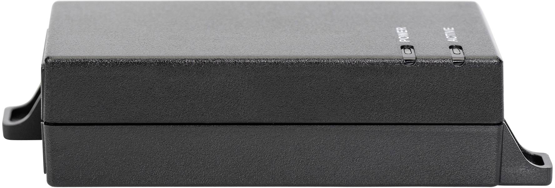 Schwarzes, rechteckiges Gerät seitlich mit zwei LED-Anzeigen oben gekennzeichnet als 'Power' und 'Ready'.