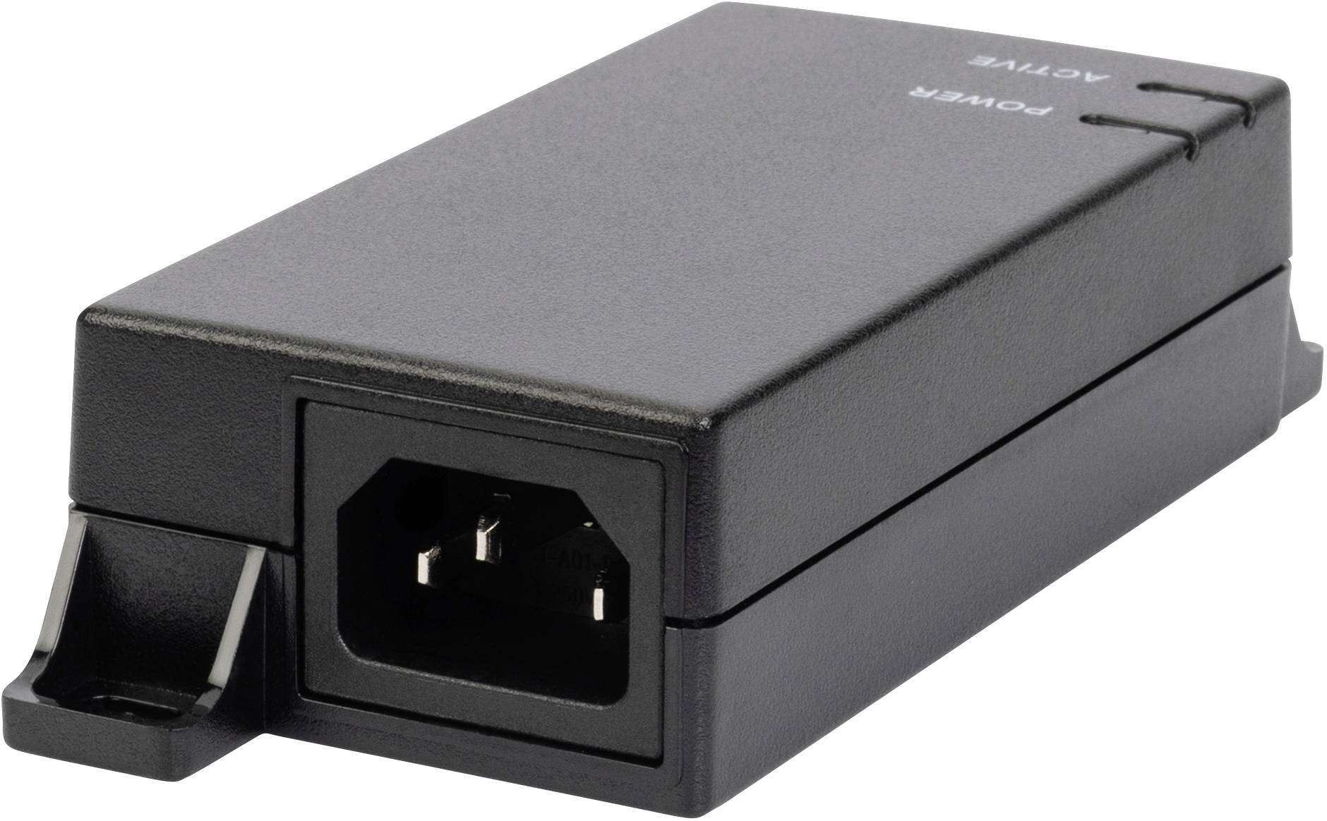 Schwarzes Netzteil mit zwei Statusleuchten. Anschlüsse für Stromkabel auf der Vorderseite sichtbar.