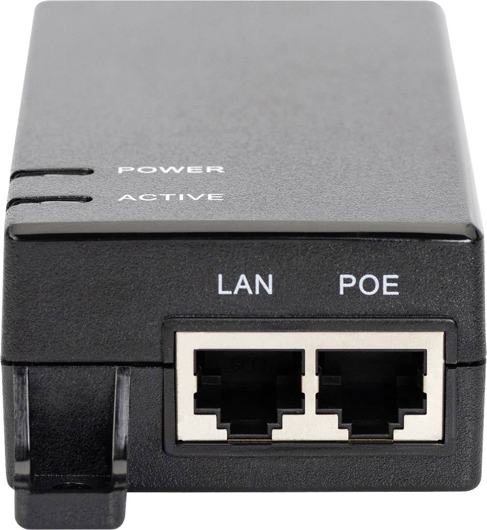Ein schwarzes Netzwerkgerät mit zwei Ethernet-Ports, beschriftet 'LAN' und 'POE'. Oben sind Statusanzeigen 'POWER' und 'ACTIVE'.