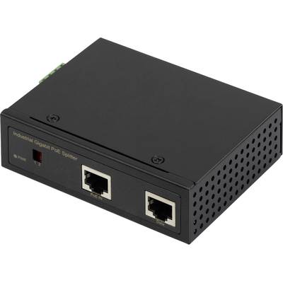 Schwarzer, industrieller Gigabit PoE-Splitter mit zwei Ethernet-Anschlüssen an der Vorderseite und Beschriftung 'Industrial Gigabit PoE Splitter'.