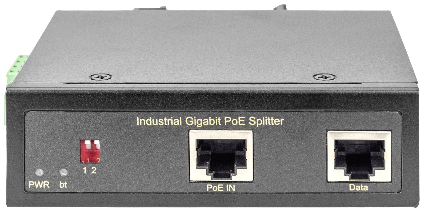 Schwarzer industrieller Gigabit PoE-Splitter mit zwei Anschlüssen: 'PoE IN' und 'Data'. Vordere Kontrollleuchten für Strom und Netzwerkstatus.