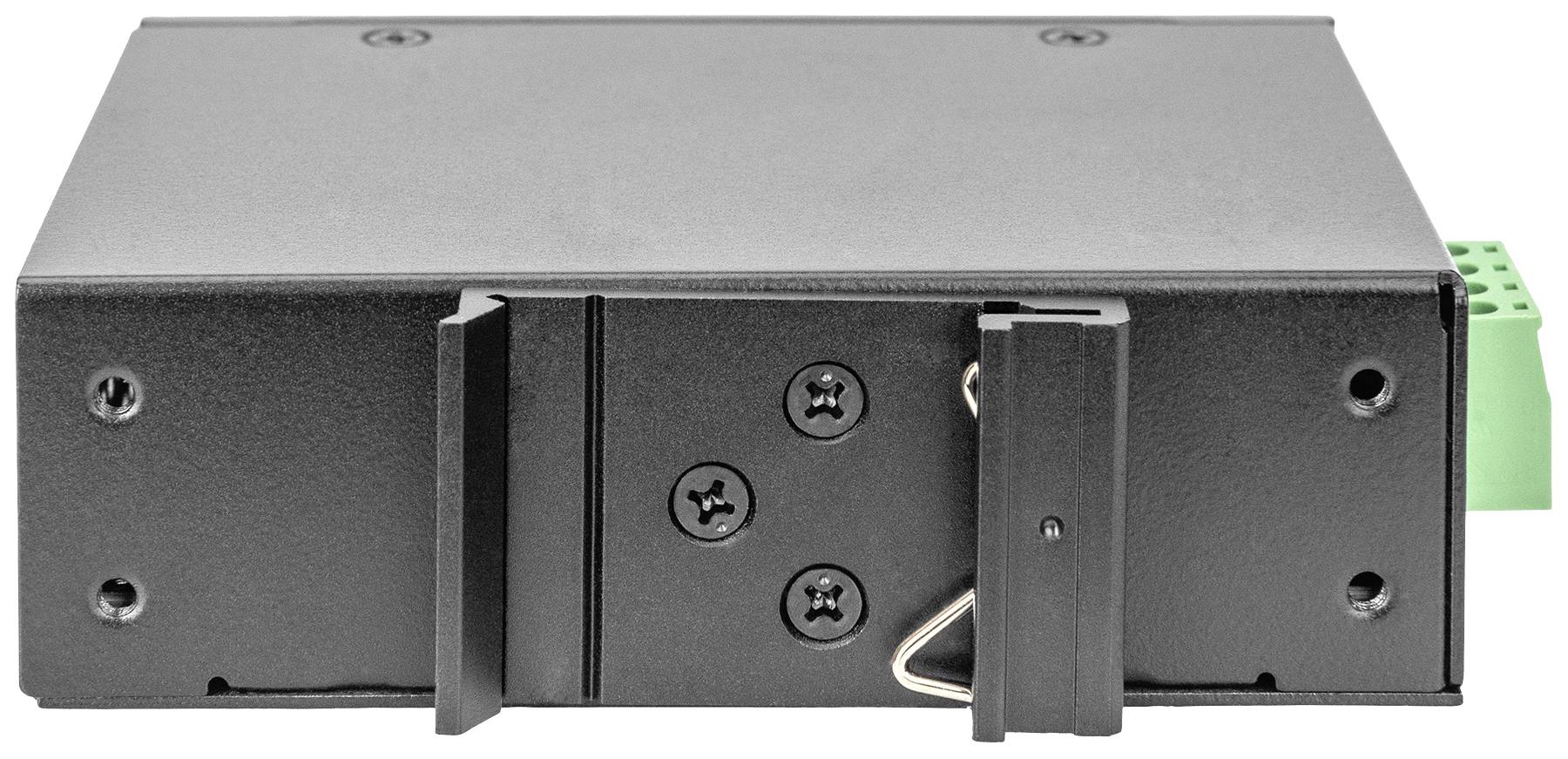 Ein schwarzes Metallgerät in rechteckiger Form mit sichtbaren Schrauben und einer grünen Anschlussklemme auf der rechten Seite.