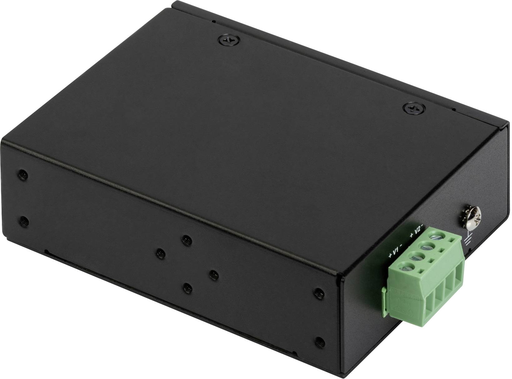 Schwarzes Metallgehäuse mit grüner Anschlussklemme an der Seite, geeignet für elektronische Geräteverkabelung.