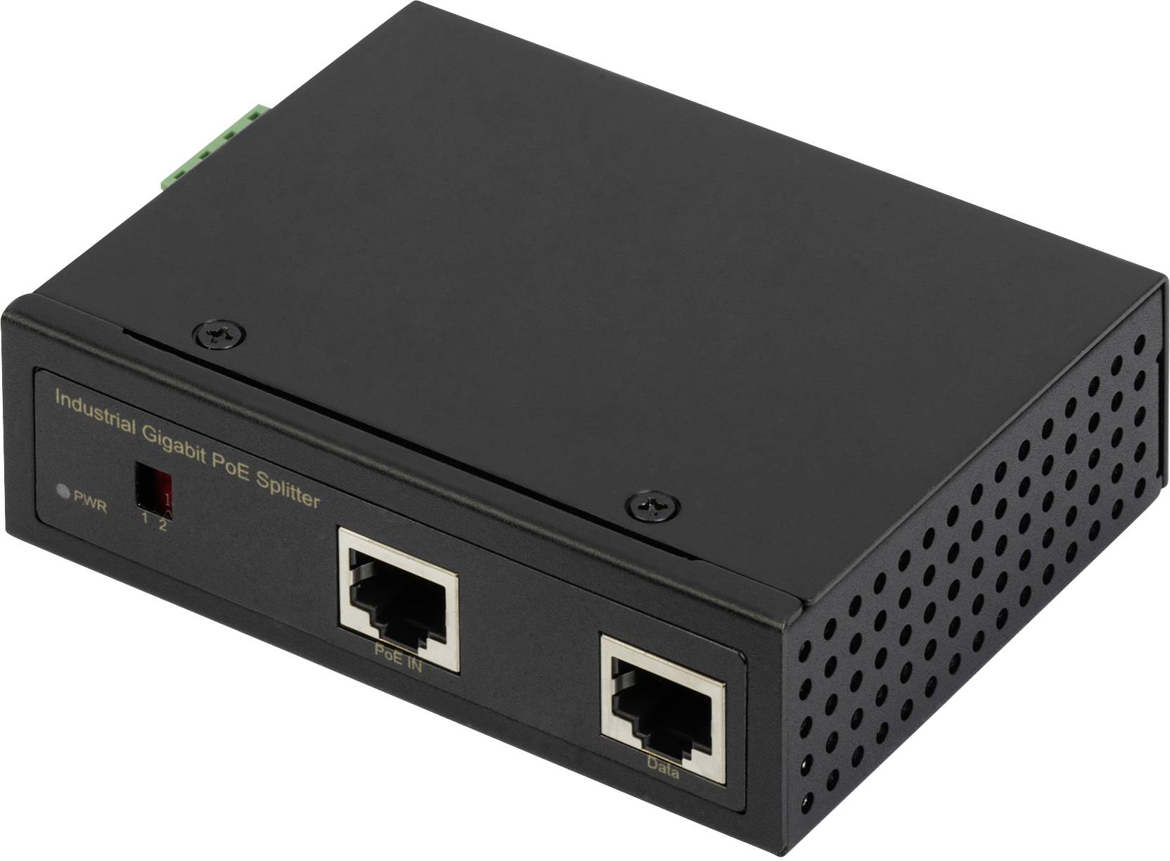 Ein schwarzer, industrieller Gigabit PoE-Splitter mit zwei Ethernet-Ports, LED-Anzeige und Lüftungsschlitzen auf der Seite.