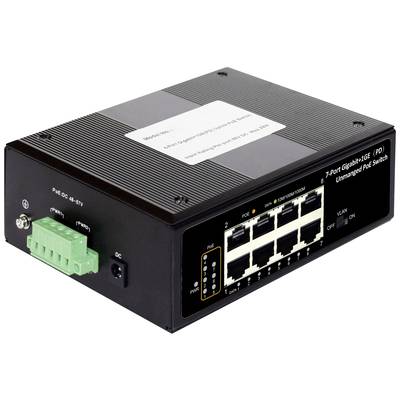 'Ein 8-Port Gigabit PoE Switch mit Ethernet-Anschlüssen und einem grünen Stromanschluss, für die Verbindung und Stromversorgung von Geräten.'