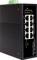Ein schwarzer, unverwalteter 7-Port-Gigabit-PoE-Switch mit acht Ethernet-Anschlüssen und LED-Anzeigen für Status und Leistung.