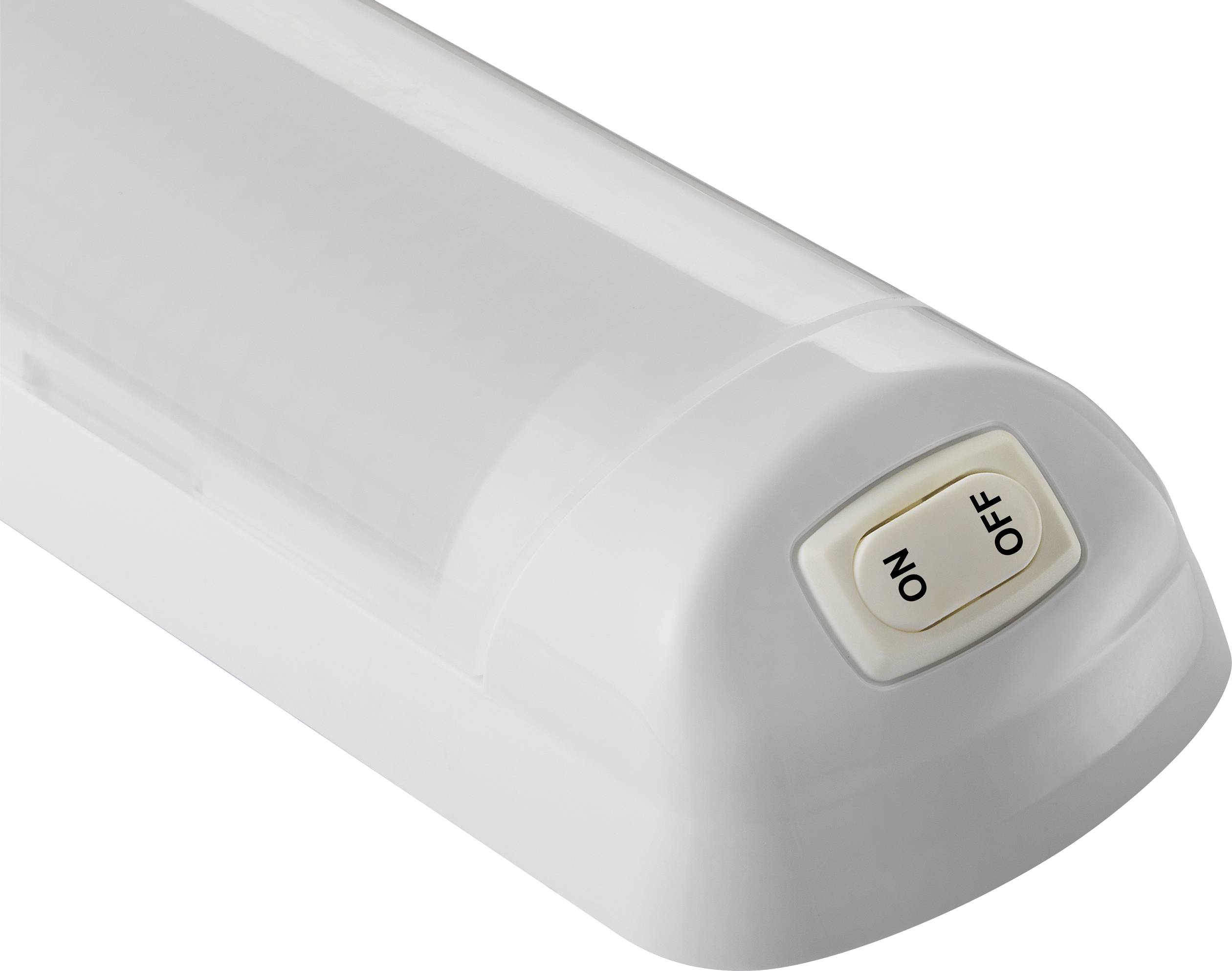 Eine weiße, längliche Lampe mit einem Schalter, der mit 'ON' und 'OFF' beschriftet ist, an der Seite angebracht.