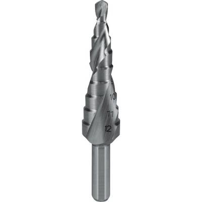 Ein Stufenbohrer aus Metall, mit mehreren Schneiden in abnehmenden Größen, um Löcher in verschiedenen Durchmessern zu bohren.