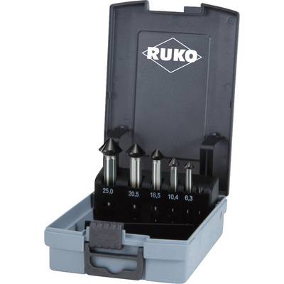 'Ruko' Set mit fünf Senkbohrern in einem offenen, grauen Kunststoffkoffer mit Größen von 6,3 bis 25 mm.