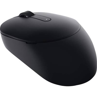 Schwarze kabellose Computermaus mit glatter Oberfläche und Scrollrad auf der Oberseite.