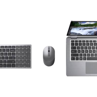 'Tastatur, Maus und Laptop von oben. Der Laptopbildschirm zeigt einen Wasserfall.'