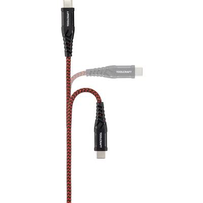 'USB-C-Kabel von Toolcraft, schwarz-rot geflochten. Zeigt Kabel und Stecker, robustes Design für vielseitige Verbindungen.'