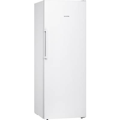 Ein weißer Siemens-Gefrierschrank mit Türgriff an der linken Seite, freistehend.
