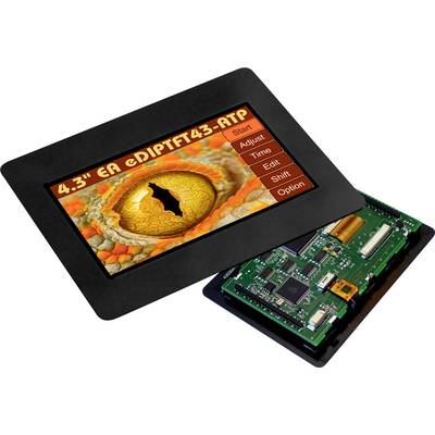 Ein LCD-Touchscreen-Display zeigt das Bild eines Echsenauges und eine Bedienoberfläche mit Optionen wie 'Start', 'Adjust' und 'Edit'.