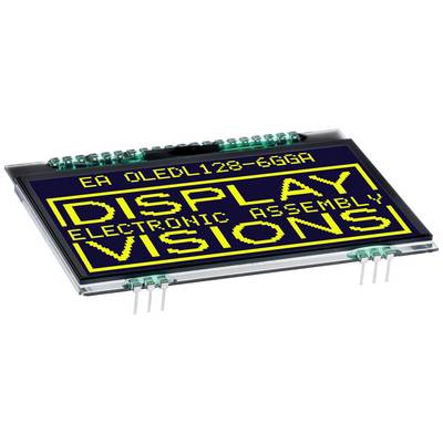 OLED-Display-Modul mit der Aufschrift 'DISPLAY VISIONS ELECTRONIC ASSEMBLY EA OLEDL128-6GGA' in gelber Schrift auf schwarzem Hintergrund.