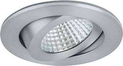 Silberne Einbau-Spotleuchte mit verstellbarem, klarem Glasreflektor. Ideal zur gezielten Beleuchtung in modernen Innenräumen.