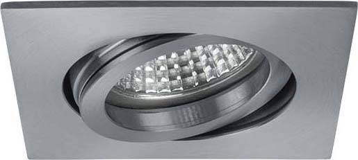 Eine quadratische, silberne LED-Einbaulampe für Deckenmontage, zeigt das leuchtende, verstellbare Lichtmodul in der Mitte.