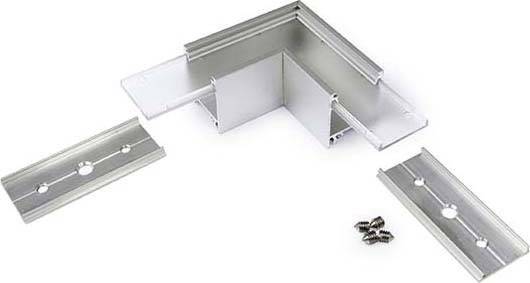 'Aluminium-Eckverbinder für LED-Profile mit Schrauben. Zeigt zwei seitliche Profile und das zentrale Eckstück zum Verbinden.'
