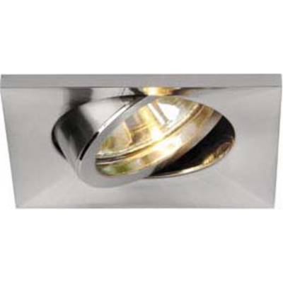 Deckenleuchte in einem schrägen, rechteckigen Rahmen mit glänzender Metalloberfläche und einem fokussierten Leuchtstrahl.