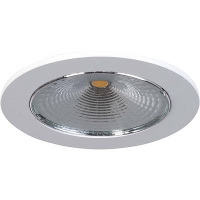 Einbauleuchte mit kreisrundem, silberfarbenem Rahmen und gewölbtem Glas, zentraler LED-Lichtquelle für gleichmäßige Ausleuchtung.