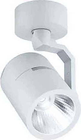 Eine weiße Deckenleuchte mit rundem, schwenkbarem Kopf, zur gerichteten Beleuchtung, vor einem neutralen Hintergrund.