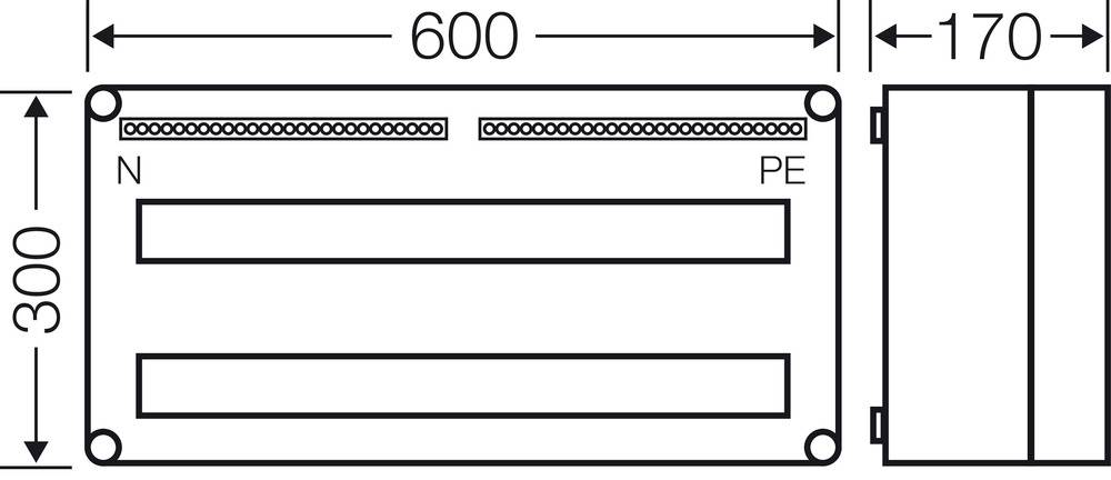 'Schaltplan eines elektrischen Geräts mit Abmessungen: Breite 600mm, Höhe 300mm, Tiefe 170mm. Oben markiert: N und PE.'