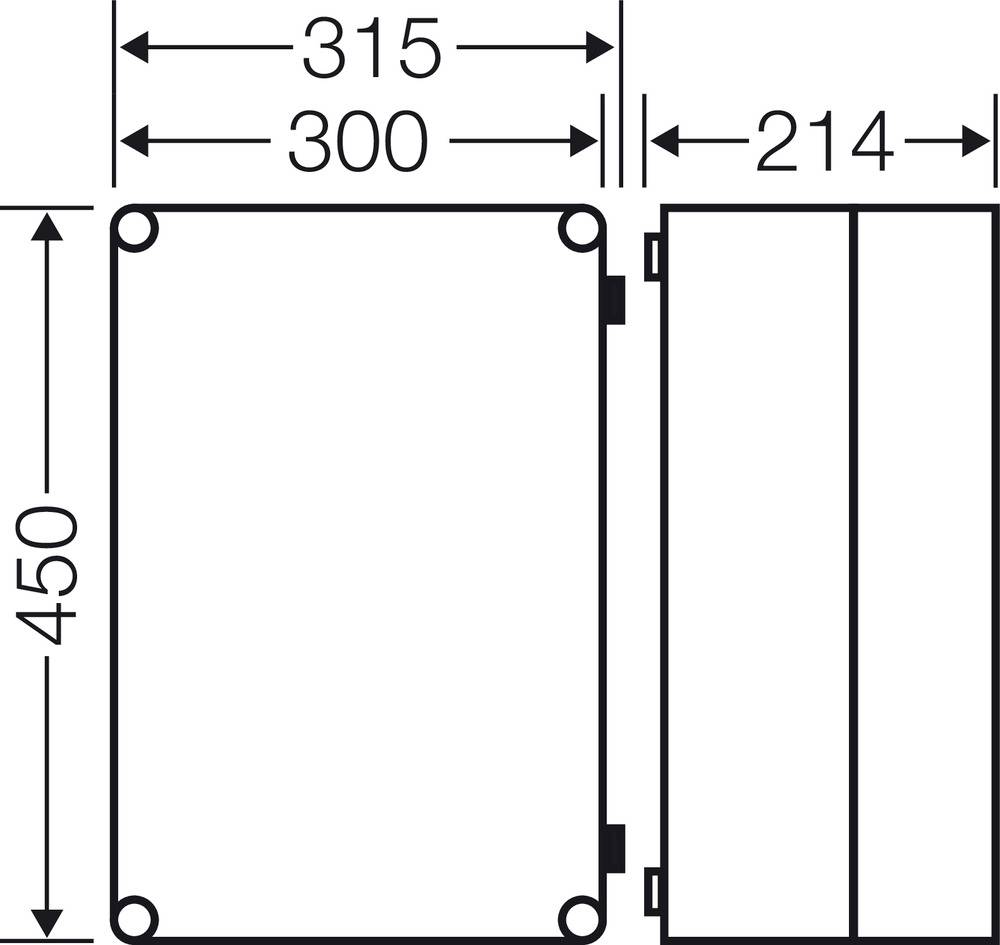 Technische Zeichnung eines rechteckigen Gehäuses mit den Maßen: Breite 315 mm, Tiefe 214 mm, Höhe 450 mm, Innenbreite 300 mm.