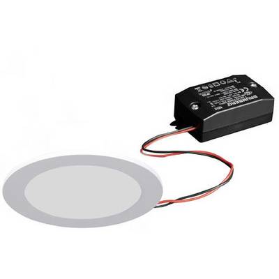 Runde LED-Panel-Leuchte mit schwarzem, rechteckigem Transformator, verbunden durch zwei rote und schwarze Kabel.
