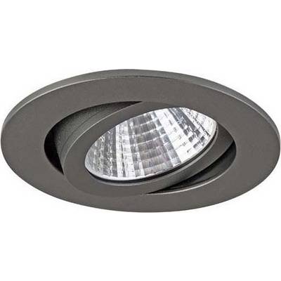 Runde, schwenkbare Einbauleuchte in dunklem Gehäuse. Die Lampe ist für zielgerichtete Beleuchtung in Innenräumen ausgelegt.