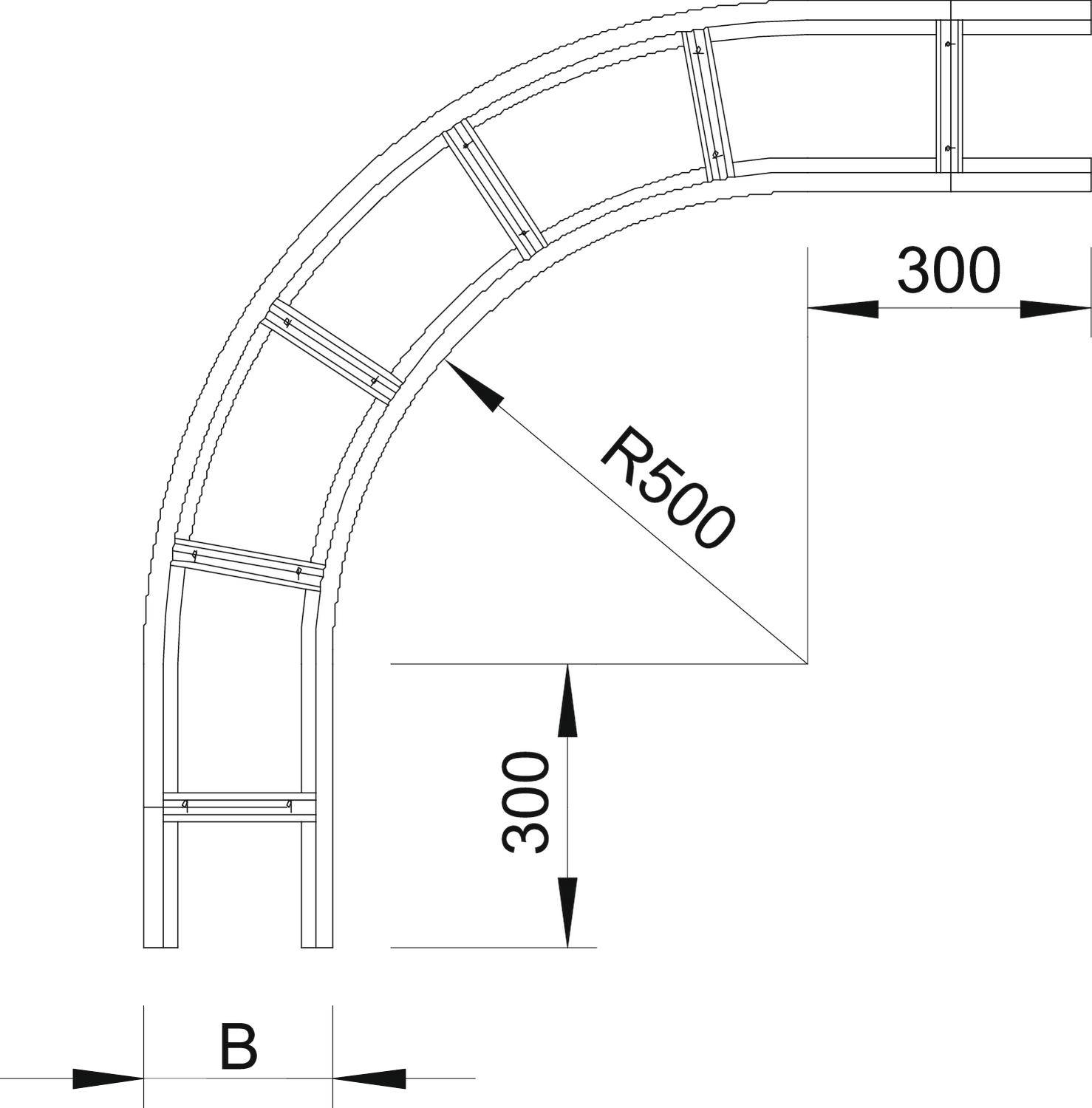 Technische Zeichnung eines gebogenen Regals mit Kreisbogen R500, Tiefe 300. Zeigt Bemaßungen und Strukturdetails der Regalsegmente.