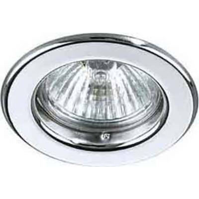 Eine silberne Einbau-Spotlampe mit Glasabdeckung, strahlt nach unten. Sie ist in eine Decke eingebaut.