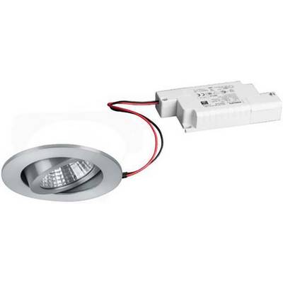 Ein silberner LED-Deckeneinbauspot mit kippbarem Reflektor, verbunden mit einem weißen Transformator durch rote und schwarze Kabel.